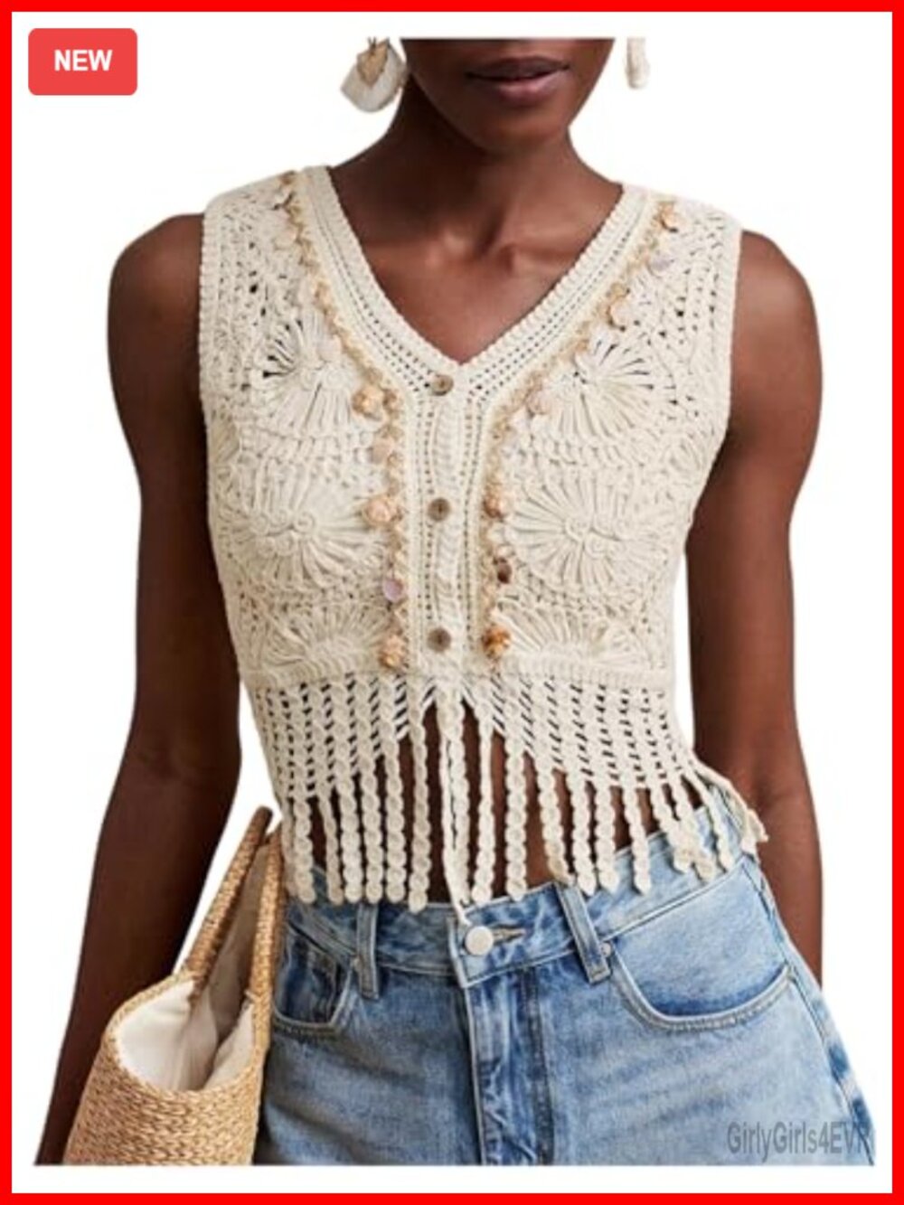 Womens Crochet Crop Tank Top Sleeveless V Neck Fringe Summer Vest
